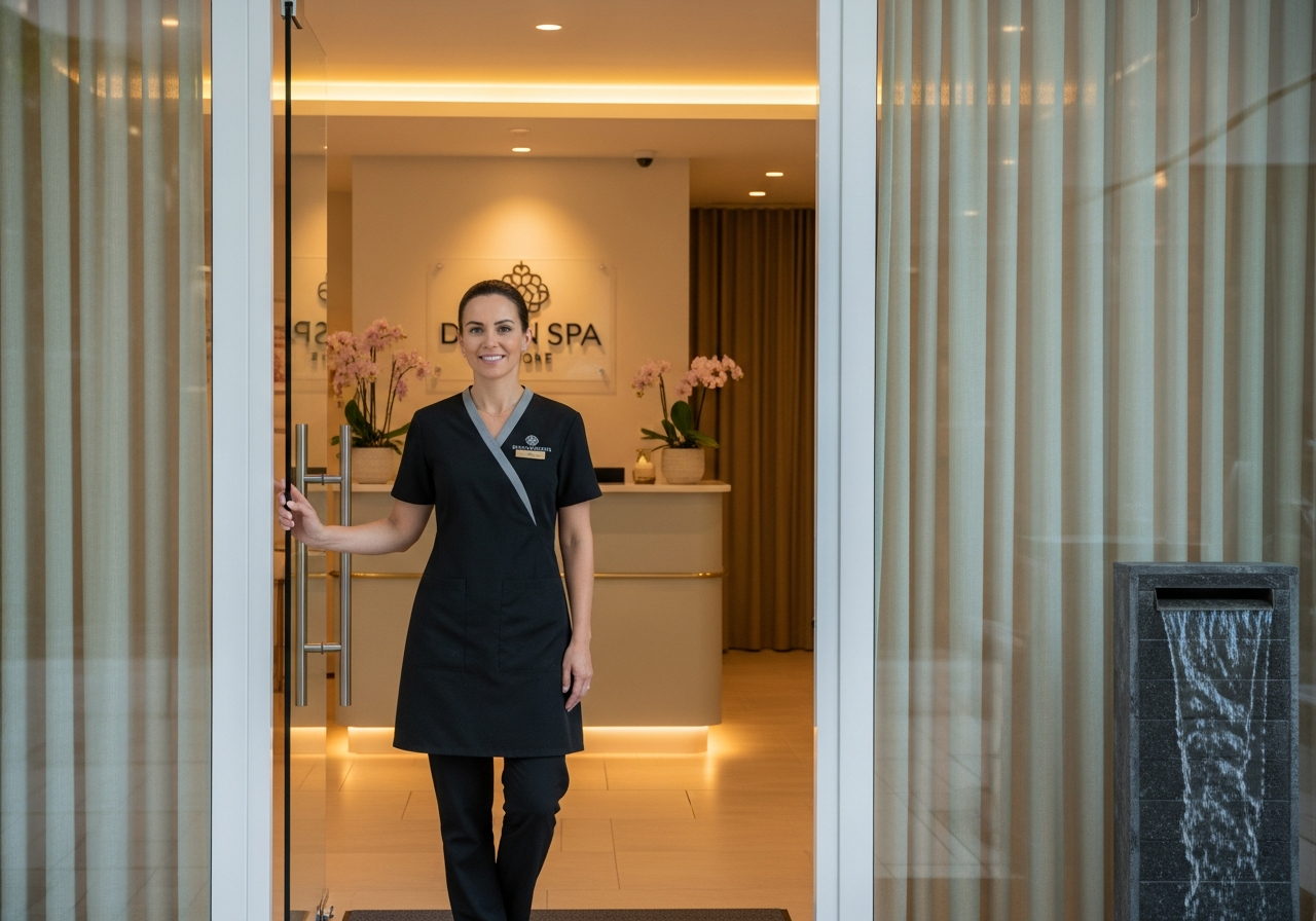 Clean, modern retail storefront, professional signage, inviting entrance showing brand consistency